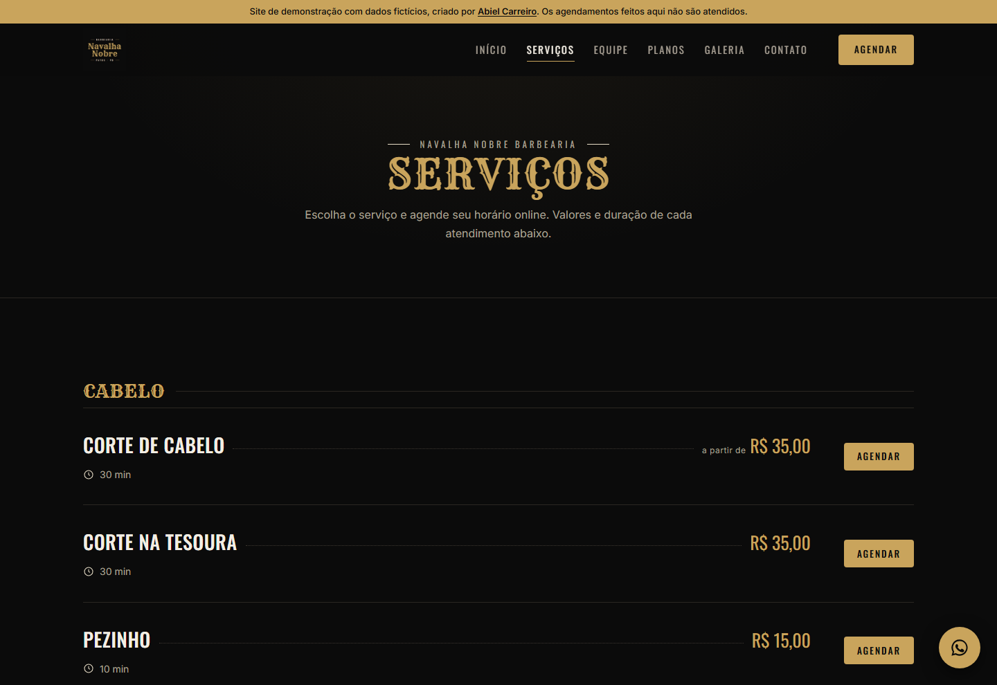 Lista de serviços e preços