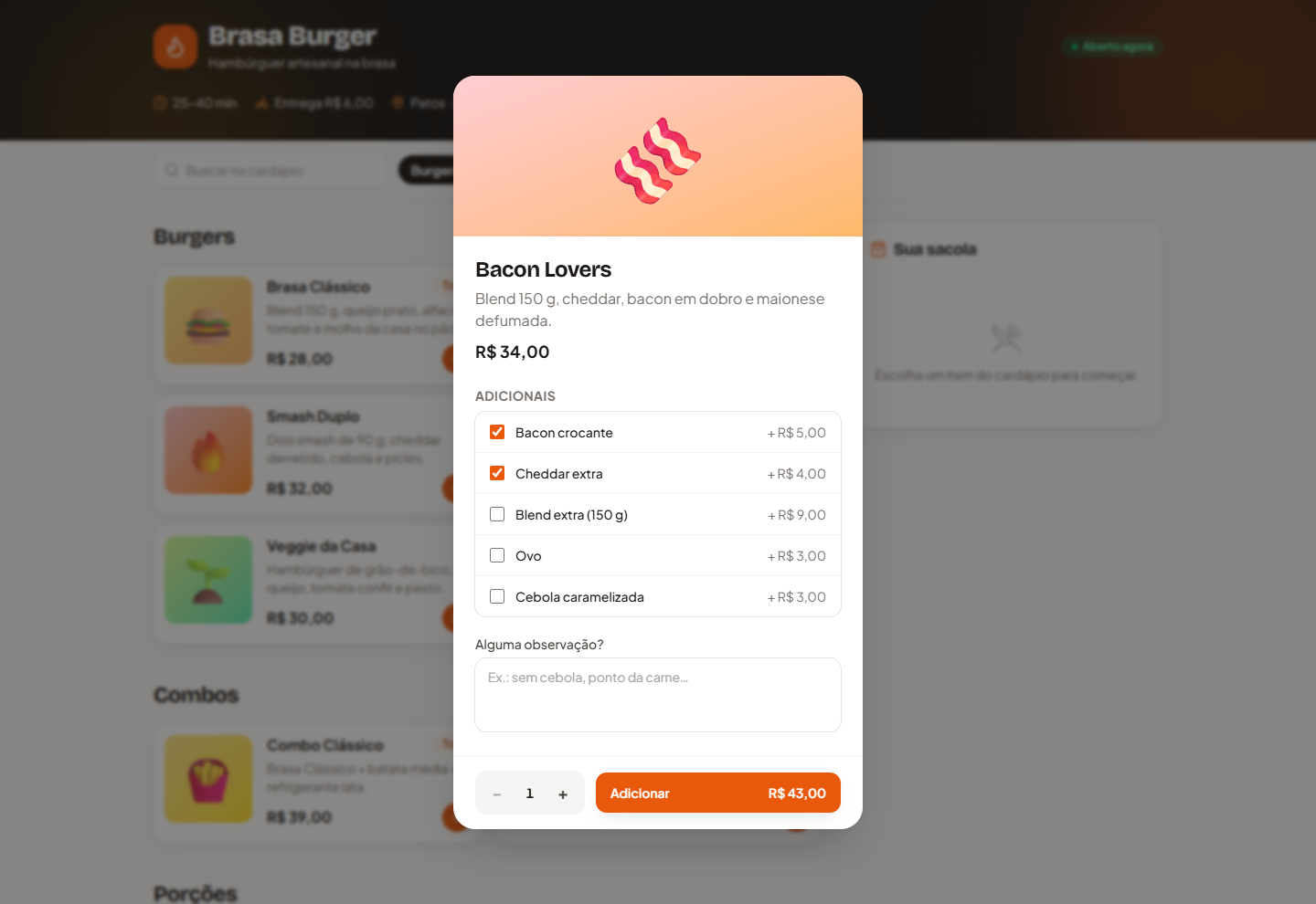 Lanche com adicionais e observação