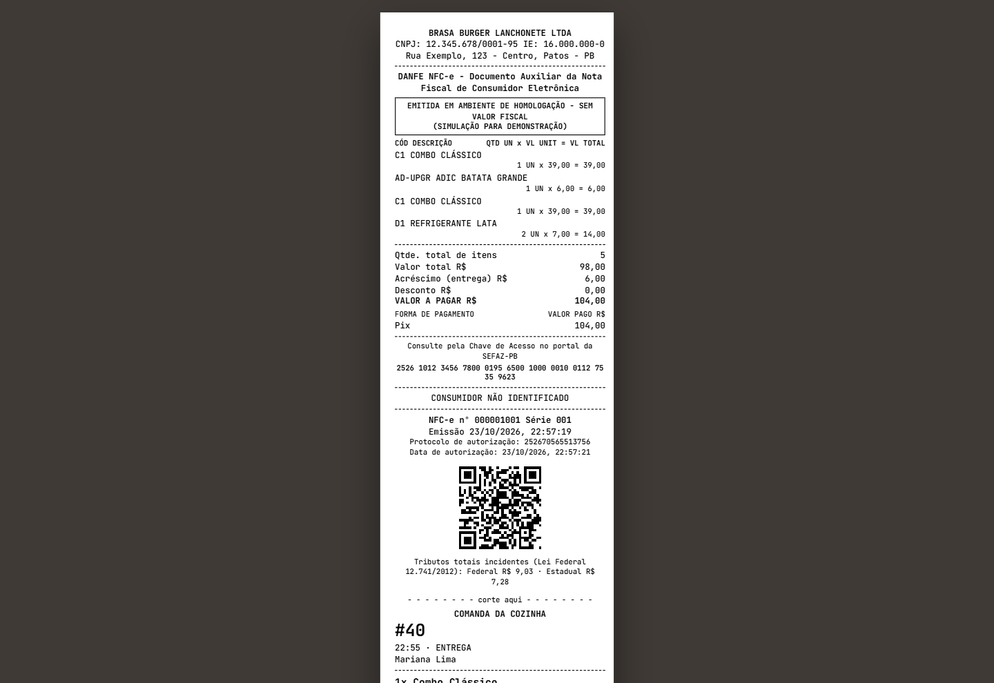 Cupom de NFC-e simulada com a comanda